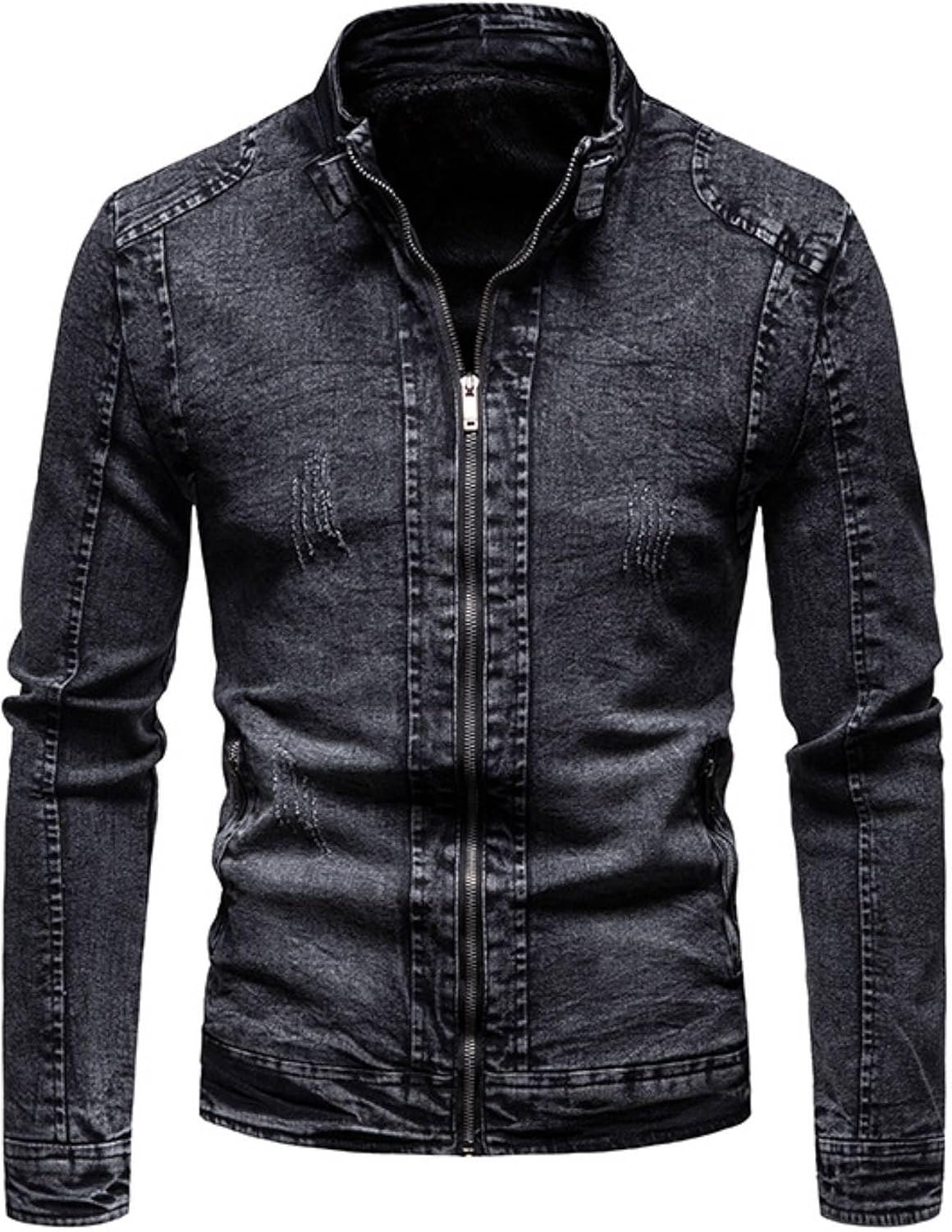 Mens Warm Winter Denim Jacket Stand Collar Fleece Lined Trucker Jackets Fashion Vintage Distressed Motorcycle Coat