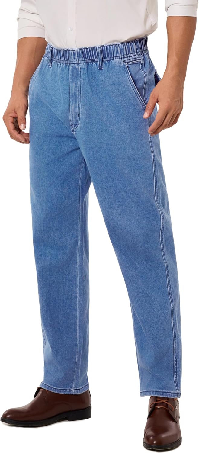 voeeron Pull On Elastic Waist Jeans for Men Full Elastic Waistband Loose Fit Denim Pants Easy Wear for Seniors - Image 3