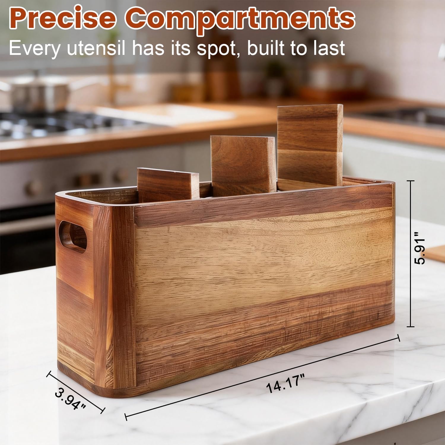 Kitchen Utensil Holder for Counter or Countertop, Large Wooden Utensil Holder with 4 Compartments, Acacia Wood Organizer for Cooking Utensils and Silverware, Ideal Gift for Kitchen Decor