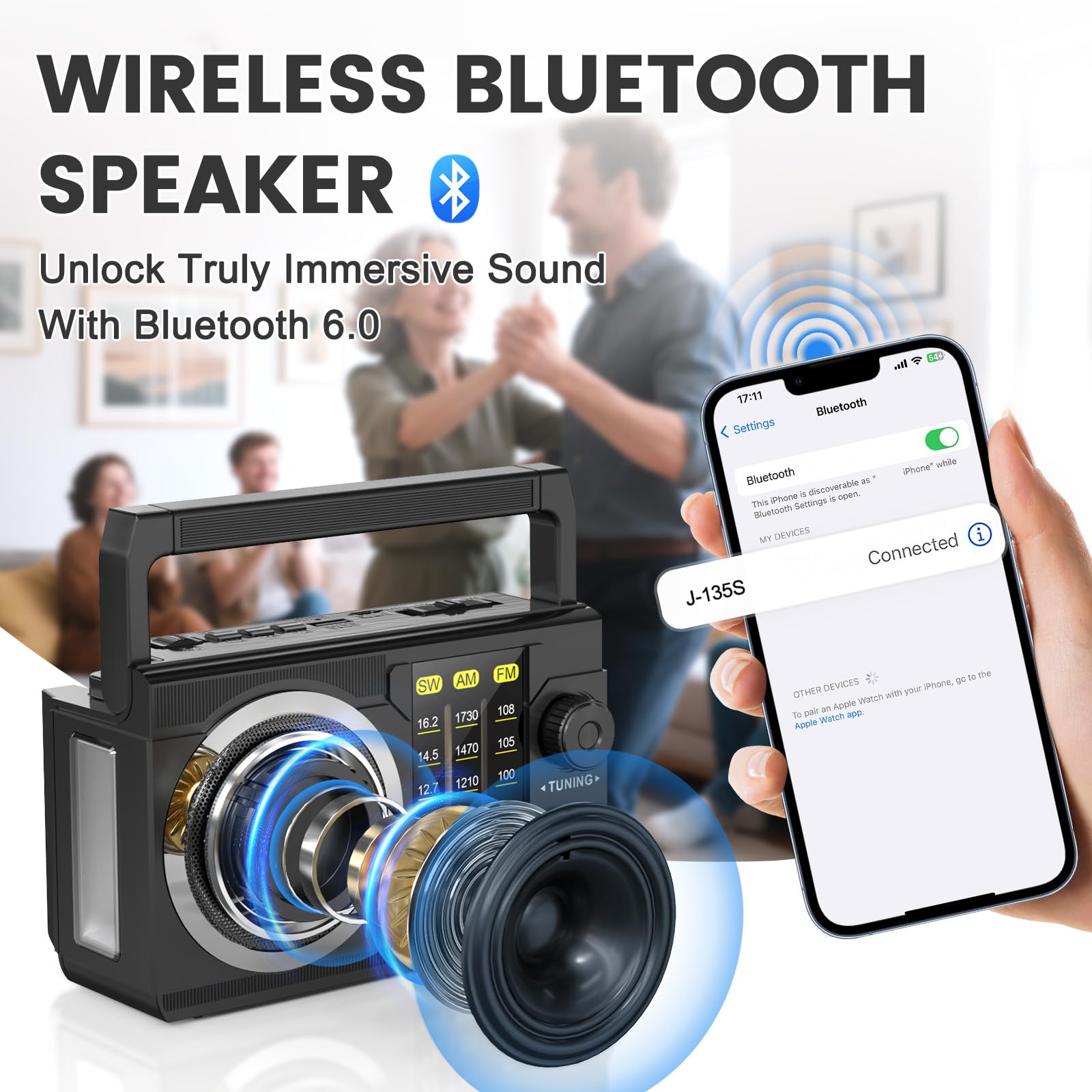 PRUNUS J-135 Radio Portatil Pequeña FM/Am/SW, Radio Solar y Recargable de 1800mAh, o Funciona con 4 Pilas AA, Transistor Radios con Bluetooth 6.0, Reproductor USB/TF, Fácil de Usar.