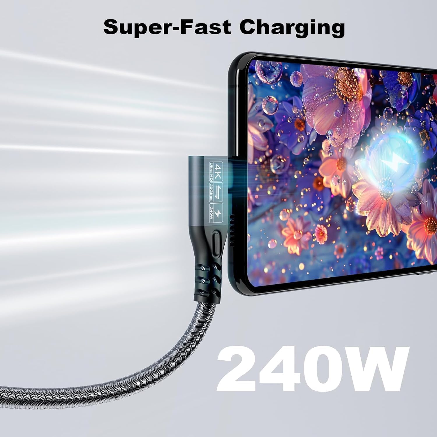 CABLEDECONN Long USB C 3.2 Cable Gen-2 240W Charging Extension 5m 16.5ft 90' Elbow Thunderbolt 3 Male to Female Data Transfer 20Gbps 48V/5A Type-C Video 4K Compatible with MacBook M1/M2/M3