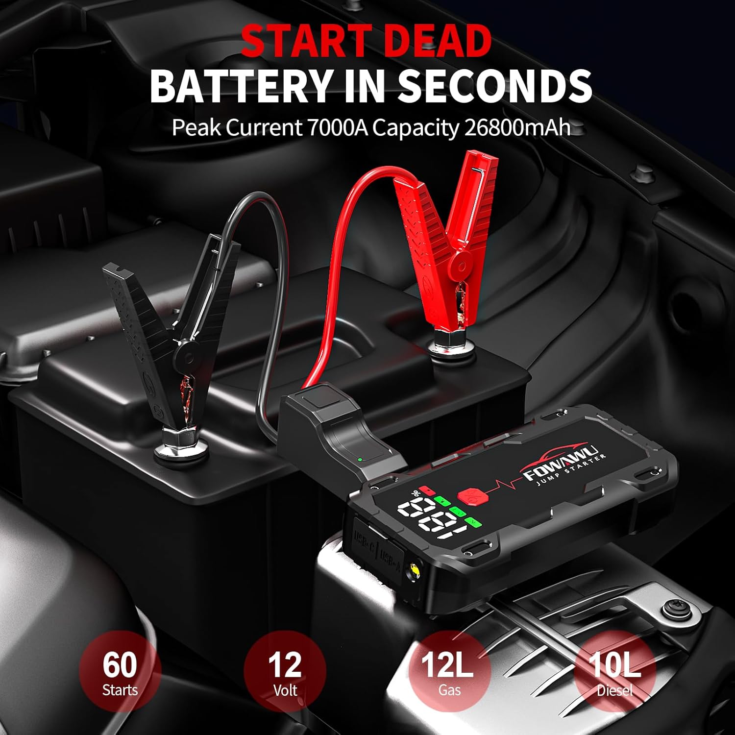 FOWAWU 26800 mAh 7000 A Peak Jump Starter for 12 V Vehicles (12 L Petrol / 10 L Diesel) and Moto, Car Battery Jump Starter Power Pack with Smart Jumper, 5 * 3.5 CM Large Screen and LED Torch