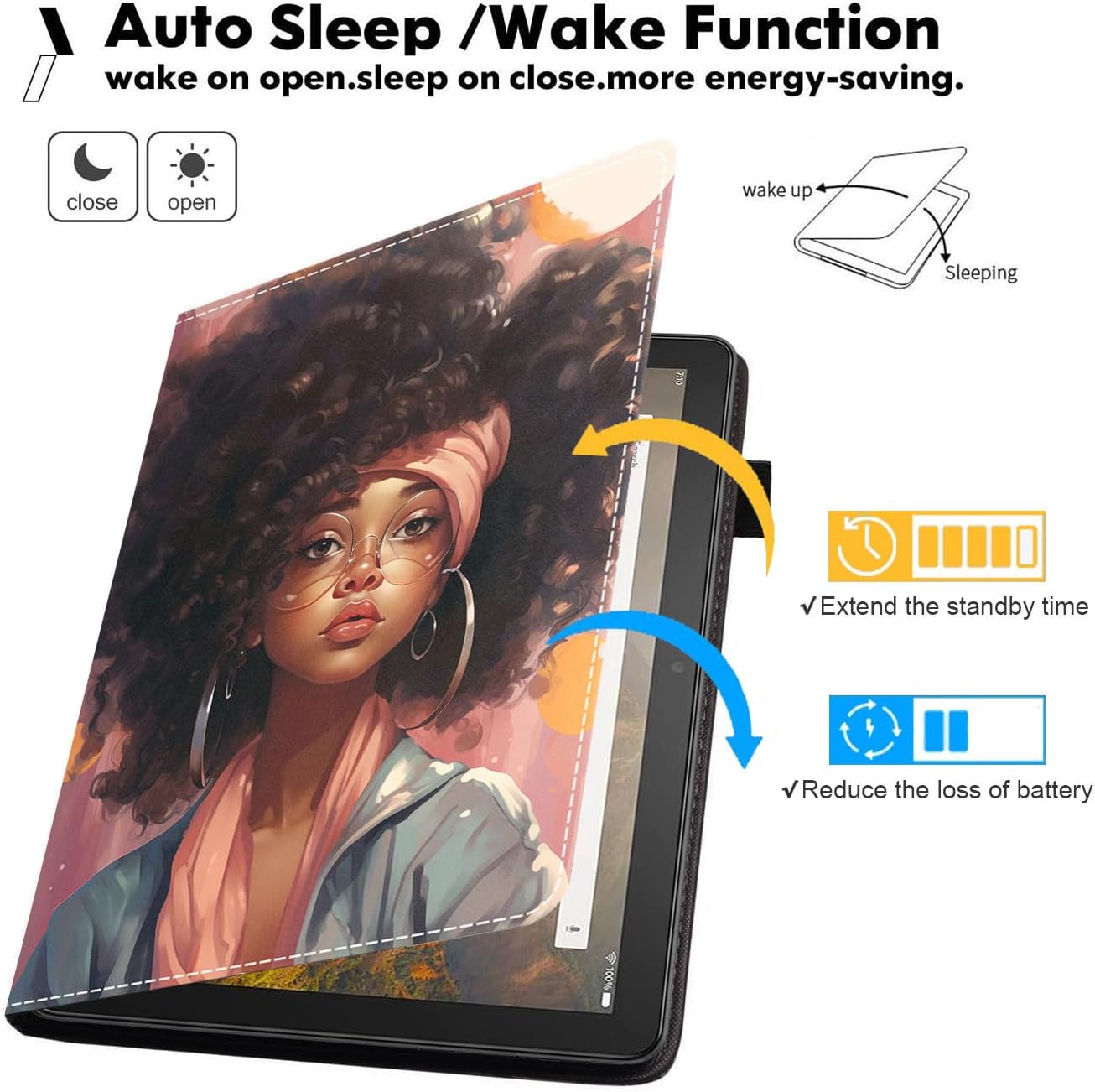 Case for All-New Amazon Kindle Fire HD 10 & 10 Plus Tablet (13th/11th Generation, 2023/2021 Release) 10.1" - Premium PU Leather Stand Cover with Smart Auto Wake, African American Girl
