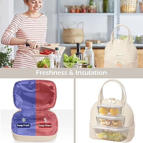 Miniatura 3 de BAKLUCK Bolsa de almuerzo para mujer, bolsa de almuerzo aislada a cuadros de doble cubierta, bolsa de almuerzo de piel sintética, bolsa de almuerzo