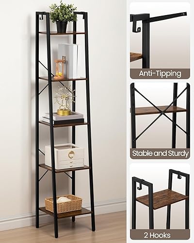 Miniatura 3 de Estantería tipo escalera para libros, estilo industrial, 2 ganchos, almacenamiento independiente en rincones oficina en casa sala estar cocina