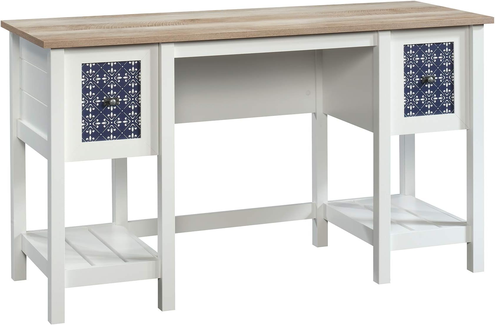 Sauder Cottage Road Computer Desk with Drawers and Storage Shelves, Small Study Desk, in Soft White and Decrotive Tile Pattern