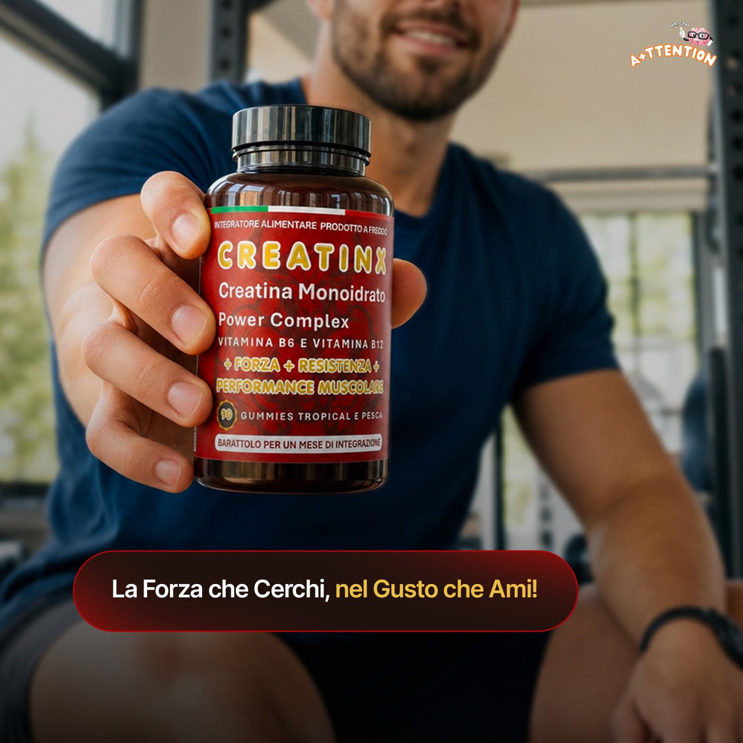A+ttention Mr.Gray CREATINX|Creatina Bio Monoidrato 90 Gummies Prodotto a Freddo |Vitamina B6 e B12 | Forza Resistenza Performance |Gusto Tropical e Pesca|1 Mese di Fornitura|Senza Glutine e Lattosio