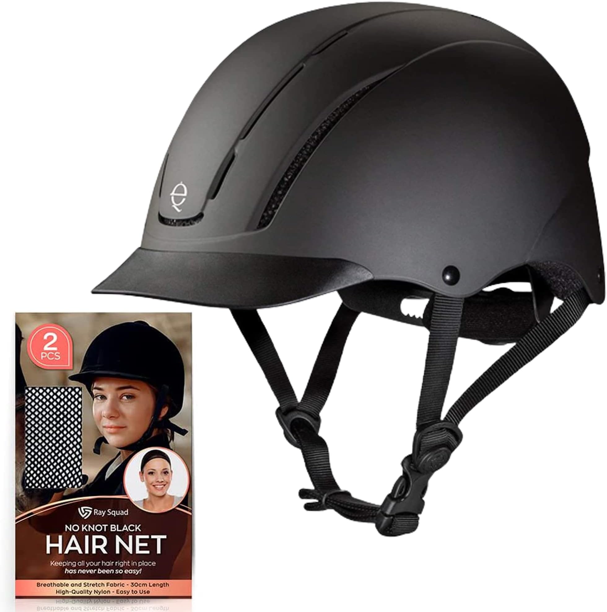 Troxel Spirit Horseback Riding Helmet - Black Duratec, Large (7 3/8-7 3/4) - Troxel Riding Helmets & 2 PK Long Open End No Knot Hairnet - Horse Riding Helmet for Kids - Troxel Helmet - Horse Helmet
