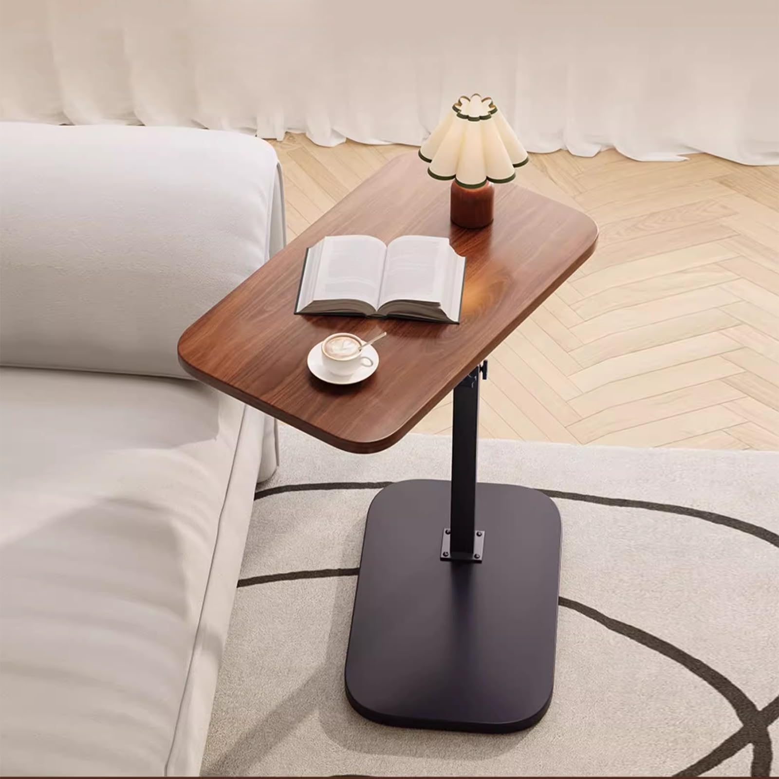 Adjustable TV Table Brown Sofa Side for Eating Small Spaces Couch Arm Dinner Versatile Use Compact Design Perfect Living Room or Bedroom.