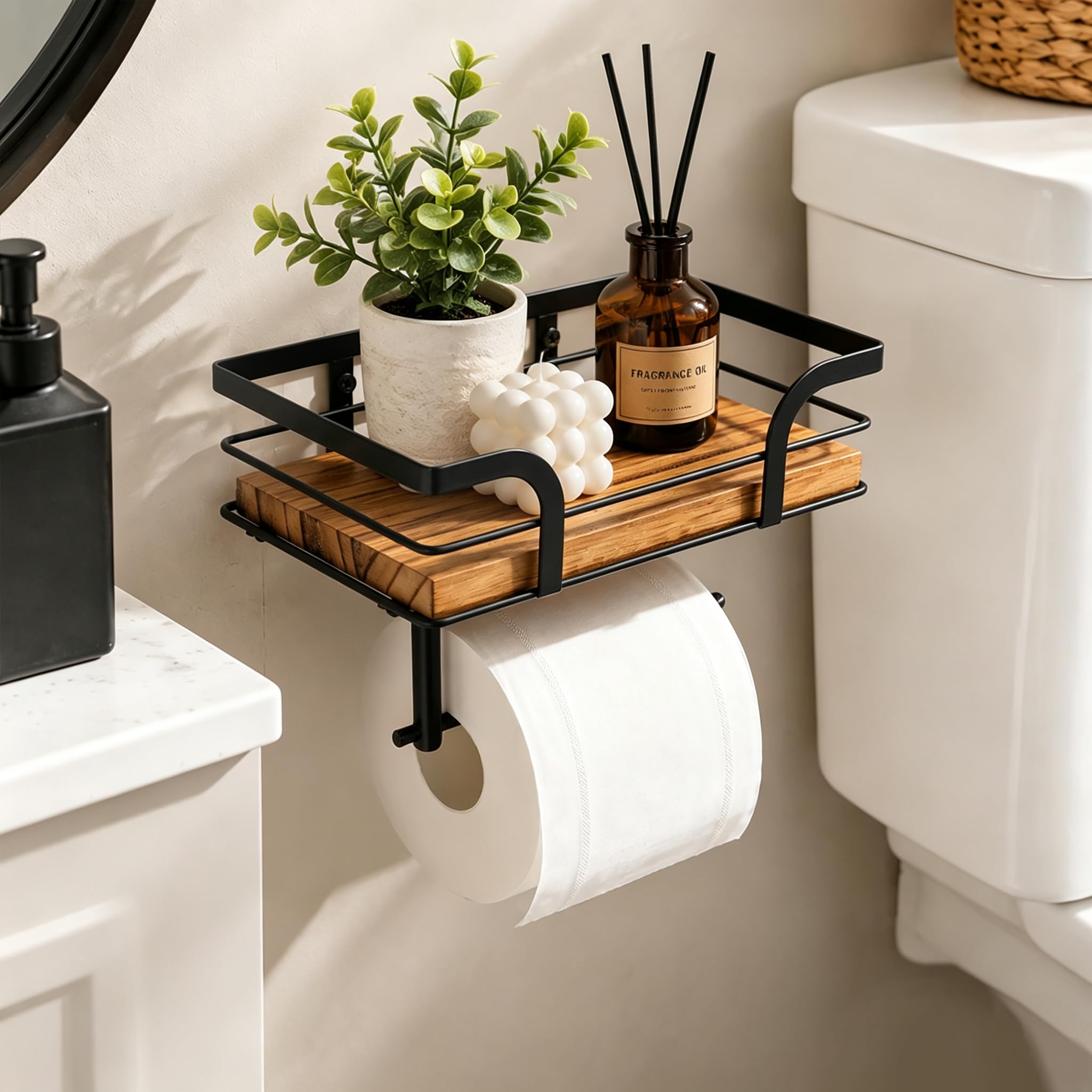 Rustic Toilet Paper Holder with Shelf, Wall Mounted — Amazon image 3