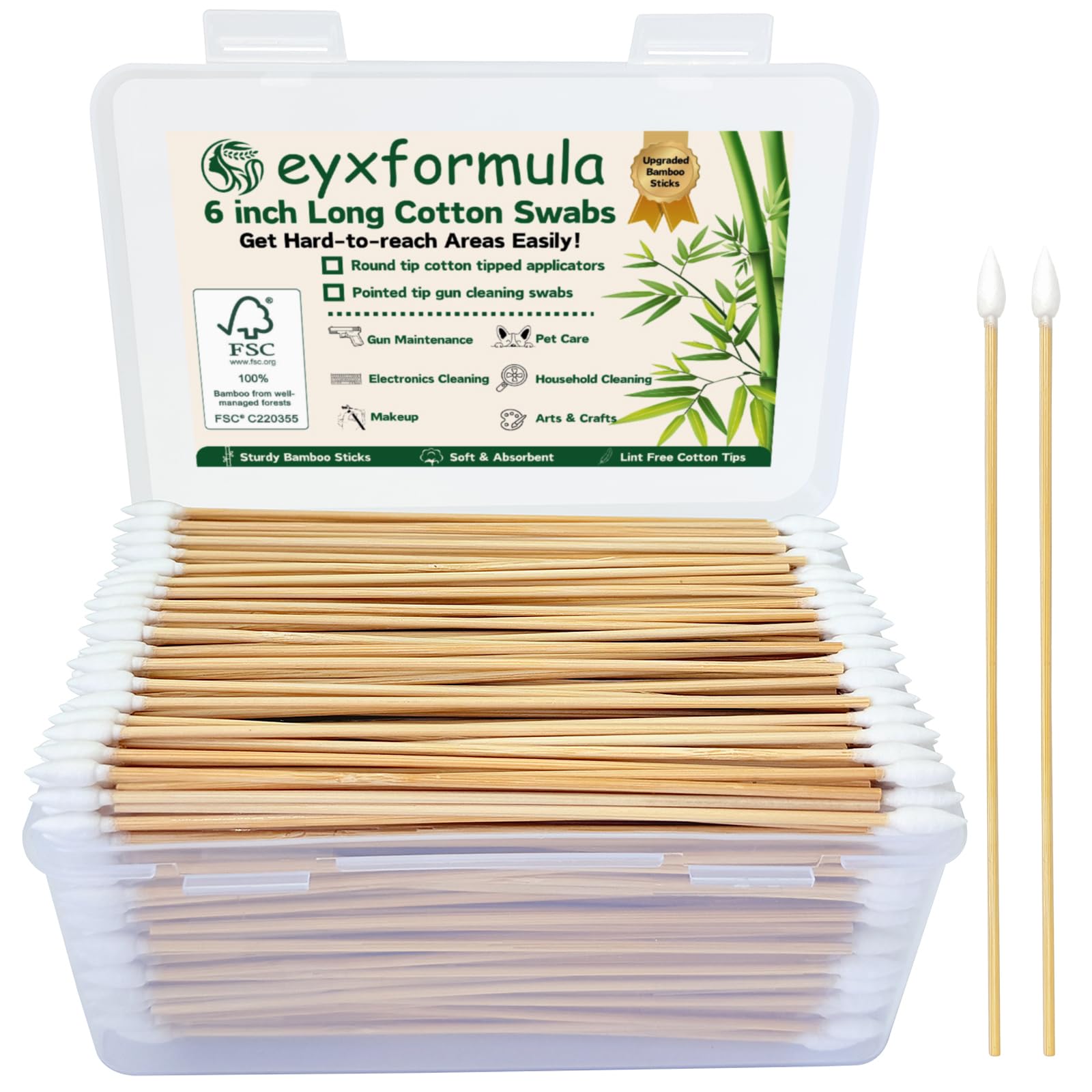 Eyxformula 600 Pcs 6 Inch Gun Cleaning Swabs Lint Free, Pointed Tip Long Cotton Swabs with Sturdy Bamboo Sticks, Ideal for Precision Cleaning Firearms