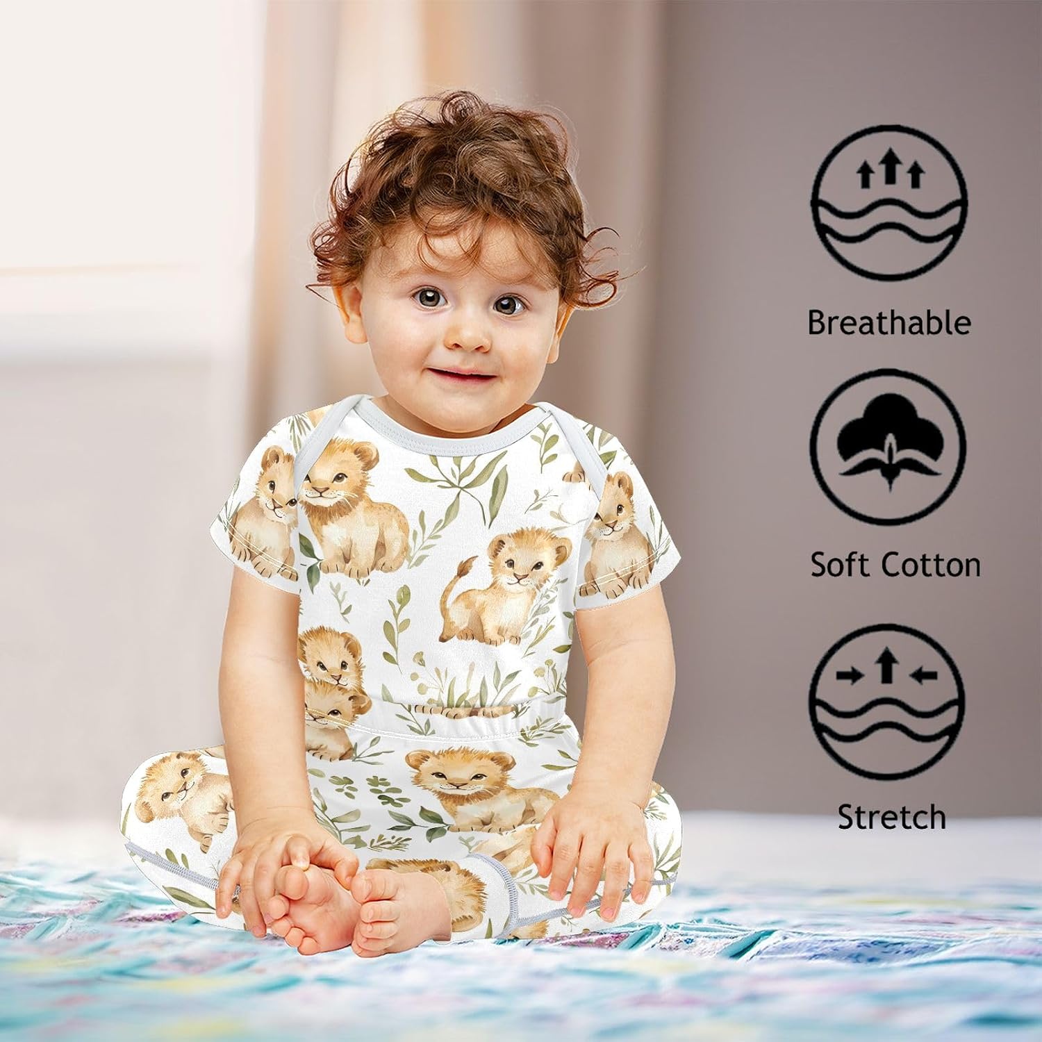 vvfelixl Baby Clothes Lion Cubs Baby Bodysuits Set Unisex Short Sleeve Babys Pants Sets 0-3M