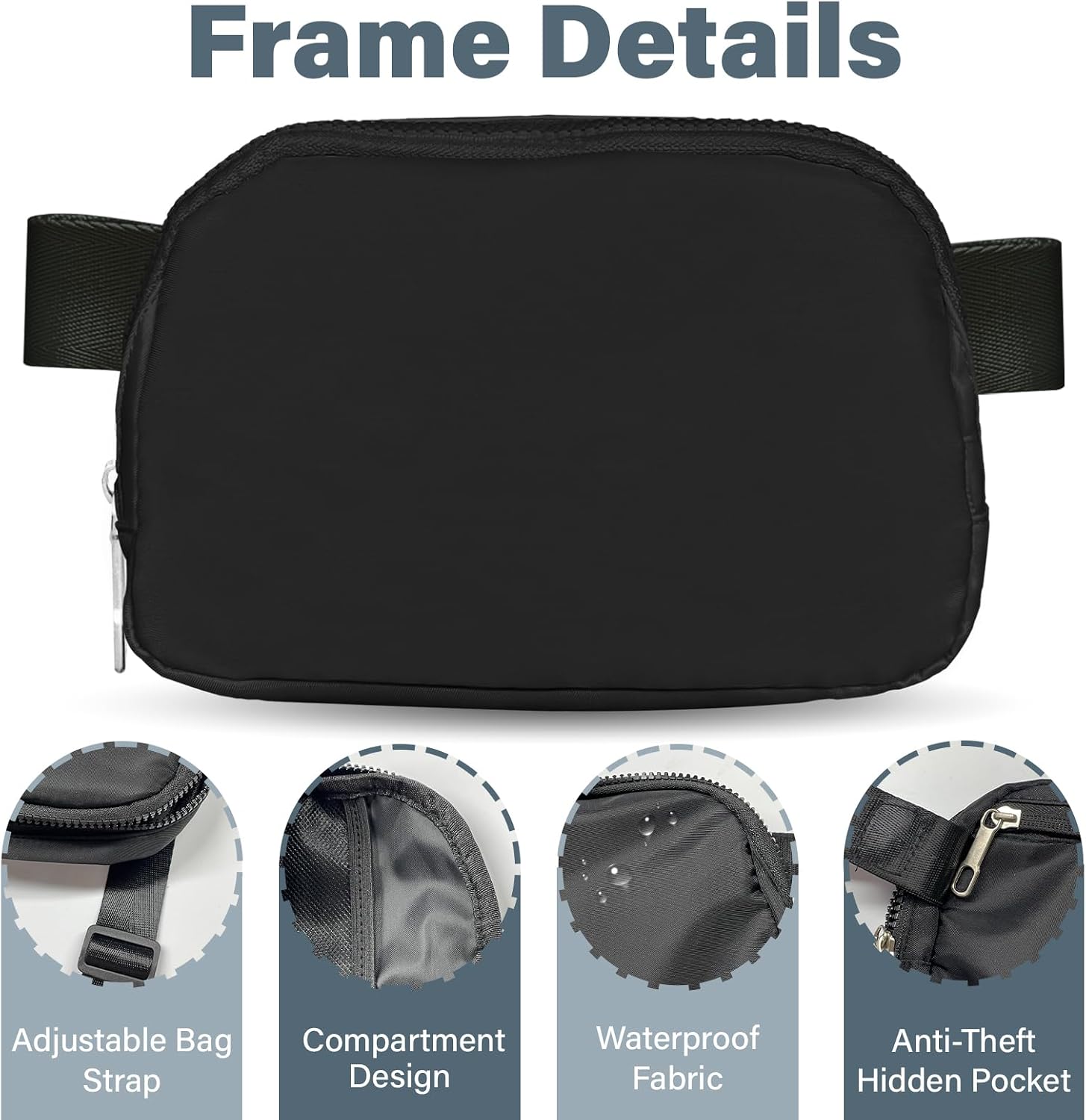 Waist Bag Zipper Fanny Pack Solid Color Cross Body Belt Bag for Women Man, Water Proof Waist Packs with Adjustable Strap-Black