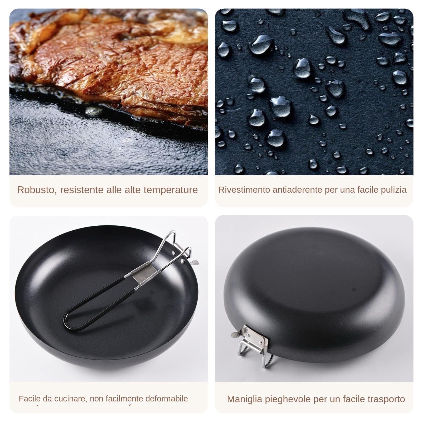 Padella Pieghevole per Esterni, Antiaderente, Rotonda, 24 cm, Nero, Lavabile in Lavastoviglie, Adatta per Campeggio e Picnic
