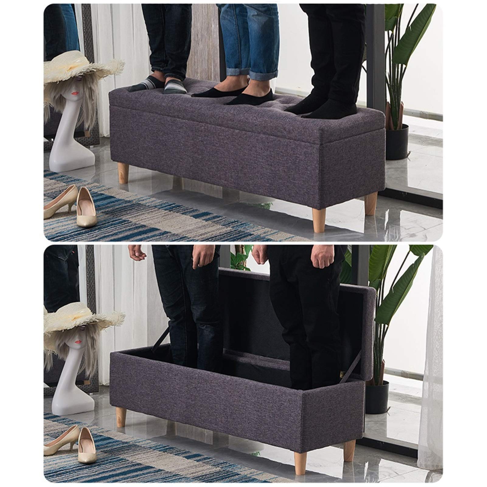 LUUYYI Pouf pieghevole grigio con gambe in legno massello, coperchio incernierato, versatile sgabello per cambiare le scarpe, per camera da letto, soggiorno, divano, seduta 120 cm (grigio-60 cm)