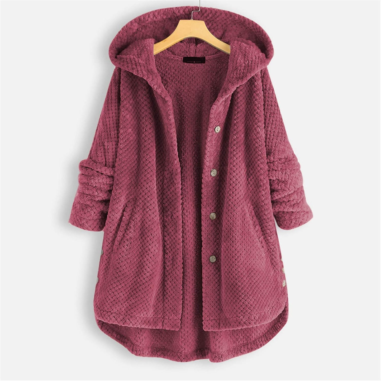 Andongnywell Cardigan for Women Fuzzy Fleece Long Sleeve Hooded Jacket Coat Winter Outwear with Pockets (Wine Red,3X-Large)
