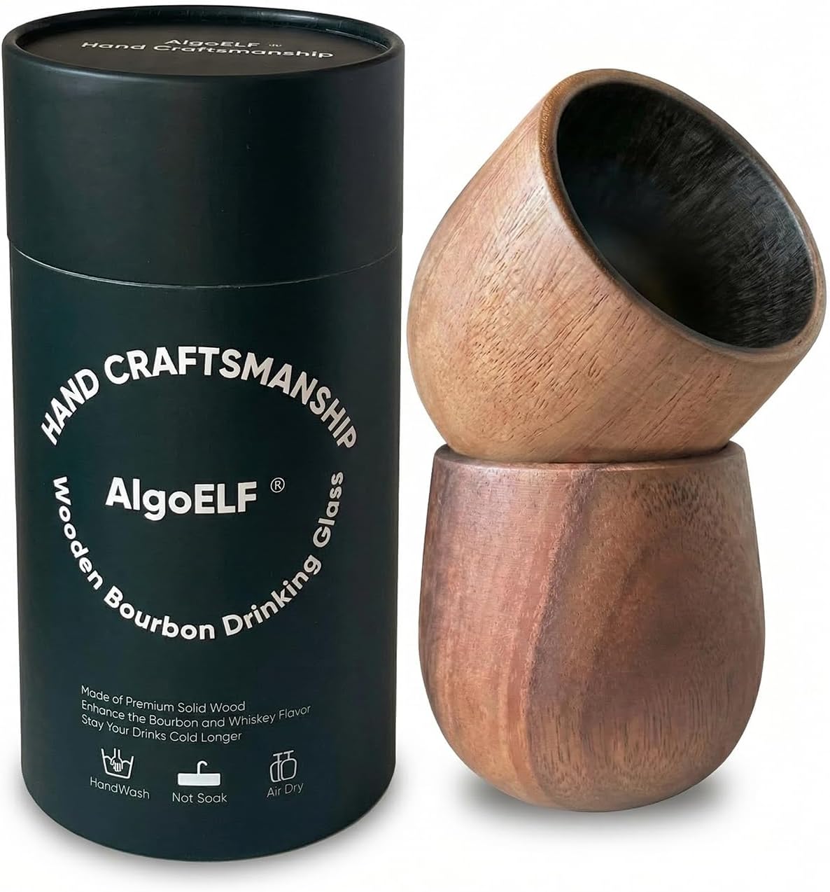 11oz Charred Wooden Bourbon Drinking Glass, Hand-engraved Acacia Wooden Whiskey Glasses, Bourbon Gifts for Men, Original Whiskey Gifts for Him, Dad, Husband, Brother, 2 Pack