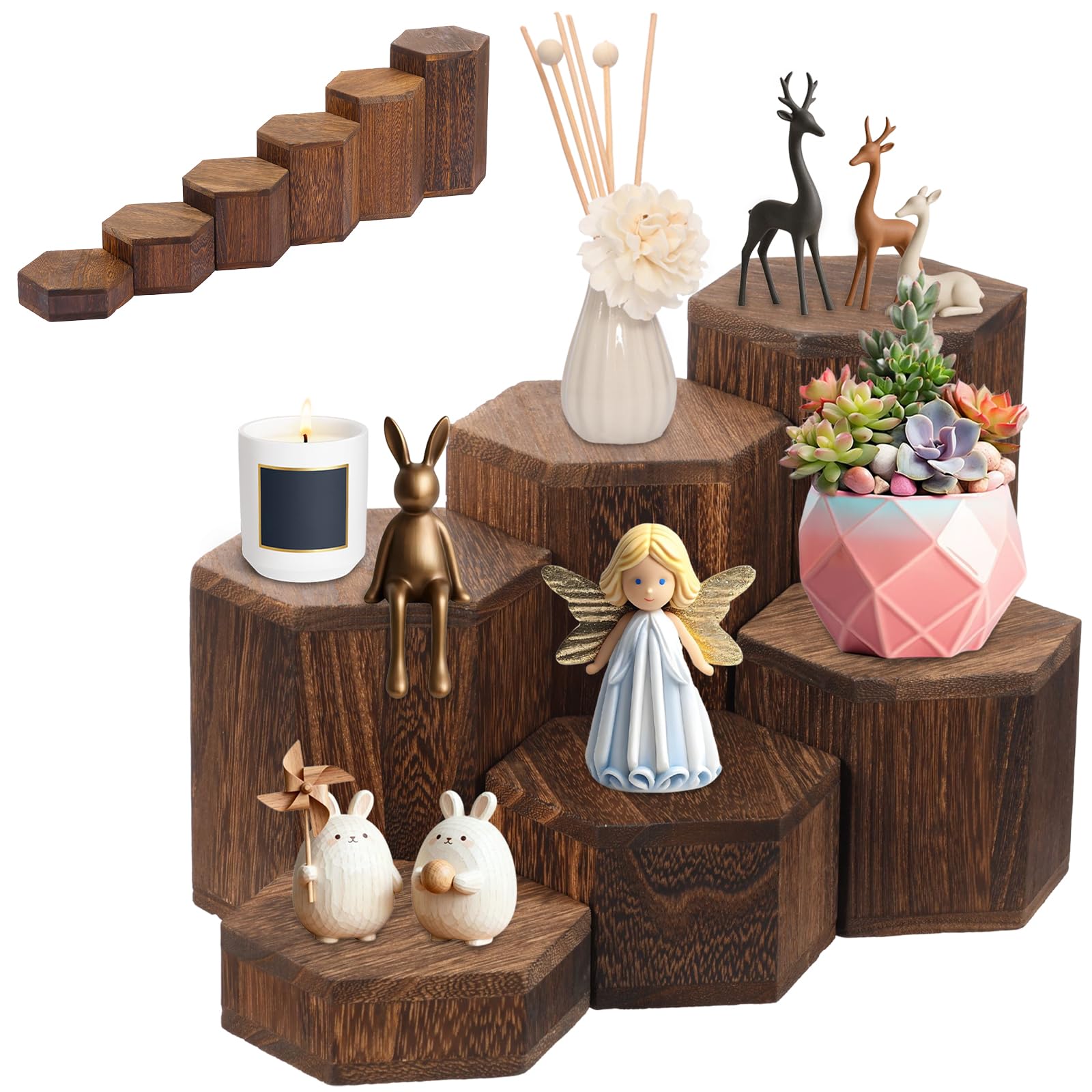 Shaojian Brown Natural Wooden Display Stand 6 Pcs Hexagon Display Risers 1-6Inch Height Graduated Step Organiser For Jewelry Perfume Figurine Candles And Small Collectibles(Brown)