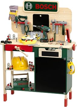 Theo Klein 8734 Bosch Wooden Workbench I Sturdy Childrens Workbench, Height Adjustable, Cordless Electric Drill, Tools with Light and Sound Effects I Toy for Children from 3 Years