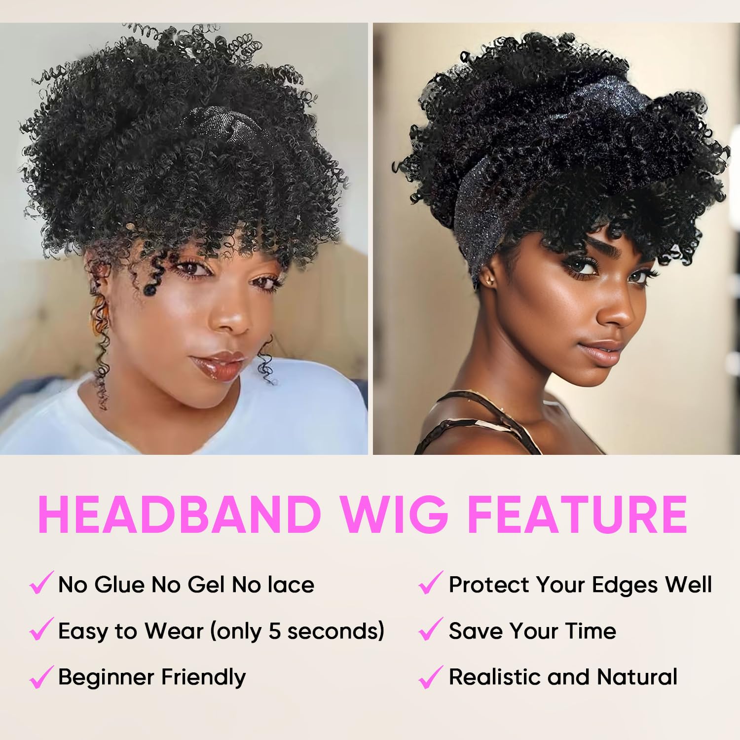 Black Kinky Curly Headband Wig Afro Headband Wigs Curly Hair with Bangs Short Afro Puff Wigs Head Wrap 2 in 1 for Women Black afro kinky curly wig Synthetic Half Wig
