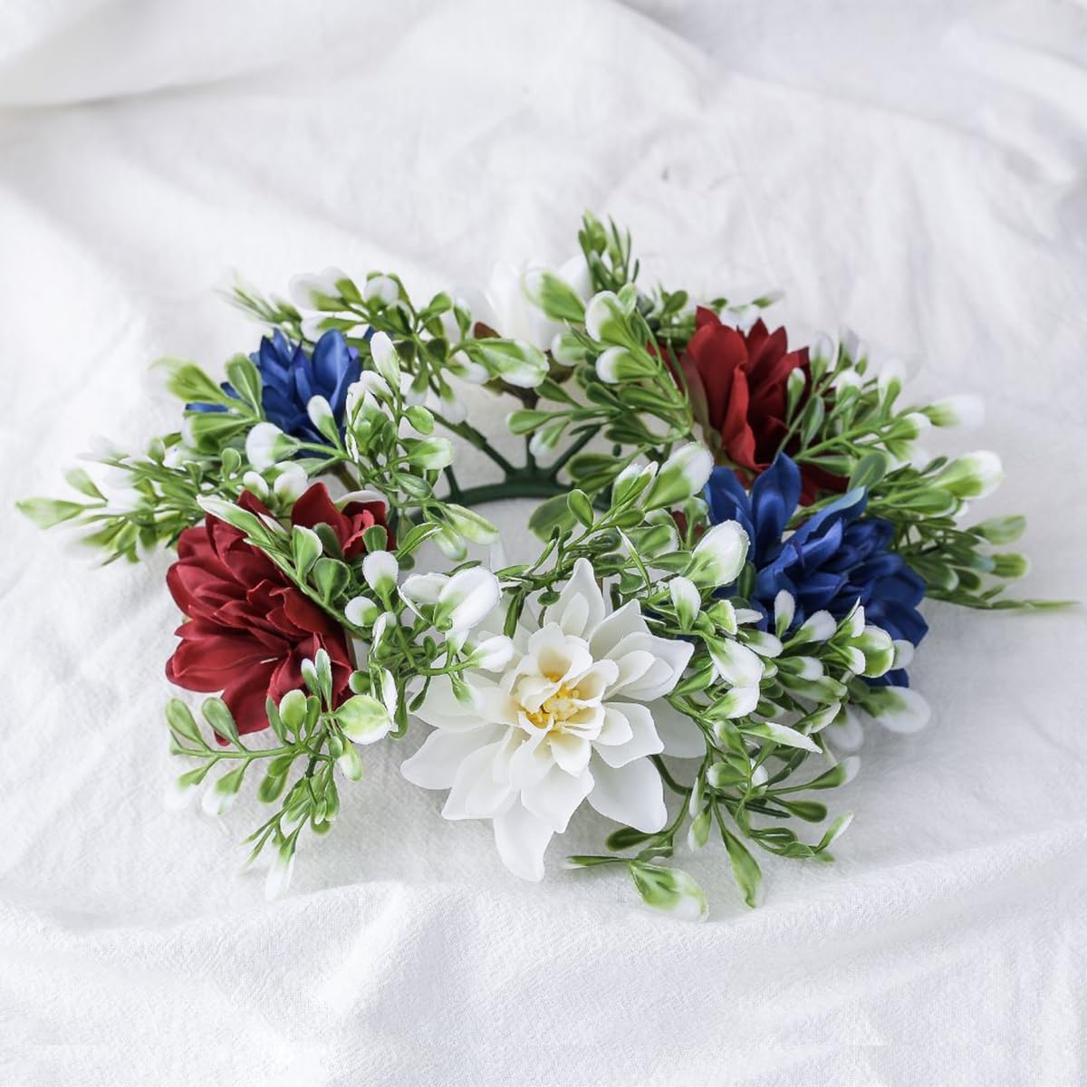 4th of July Candle Rings Patriotic Artificial Red Blue White Flower Wreath Candle Holder Tables Centerpieces Home Farmhouse Decor for Independence Day Memorial Day Pillar Candle Decor