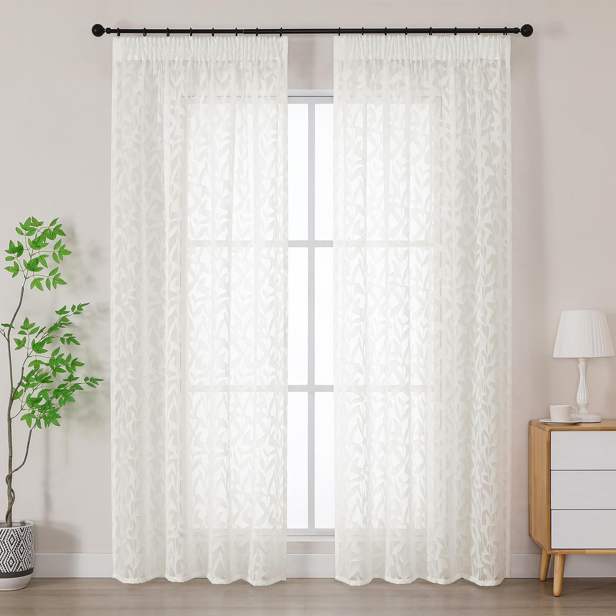 Simplebrand Natural Textured Sheer Curtains 2 Panels W140 x L183cm, Leaf Clip Jacquard Voile Curtains, Pencil Pleat Semi-Sheer Floor Length Window Drapes for Living Room Bedroom Home Decor