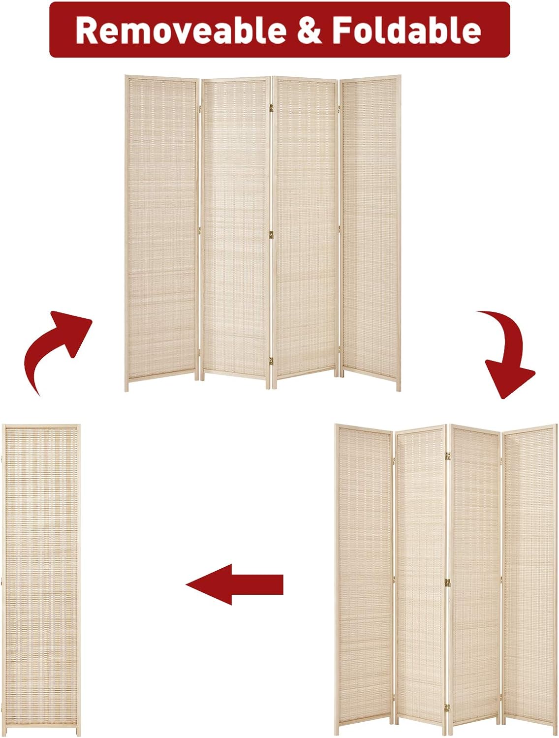 Esright 4 Panel Bamboo Room Divider, 6 Ft Tall Folding Privacy Screen Room Divider, Freestanding Partition Wall Dividers for Office,Bedroom, Beige