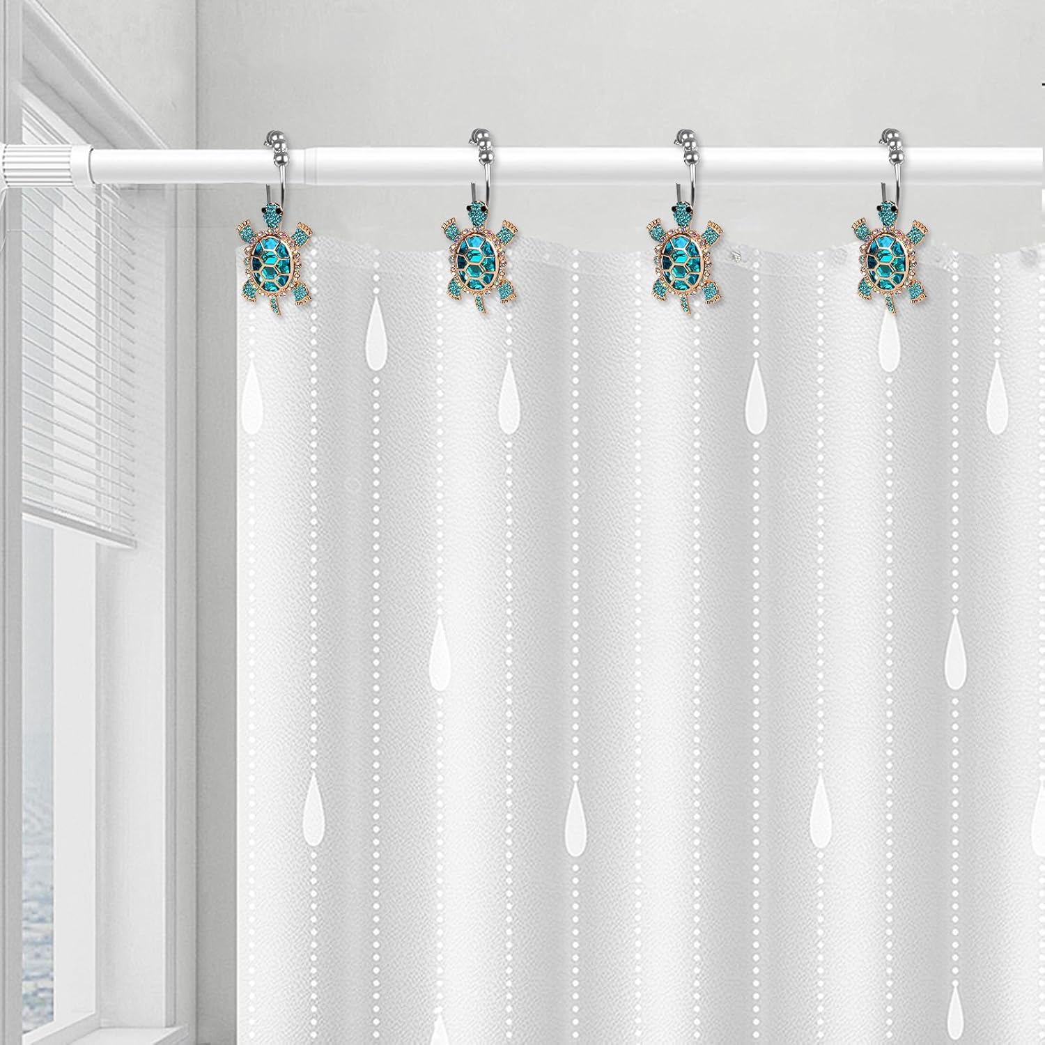 Sapphire Sea Turtle Decorative Shower Curtain Hooks Set,12 PCS,Roller Ball, Stainless Steel,Cute Ocean Animal Decor, Beach Shower Rings,Rustproof,Bathroom, Blue & Golden & Rhinestone