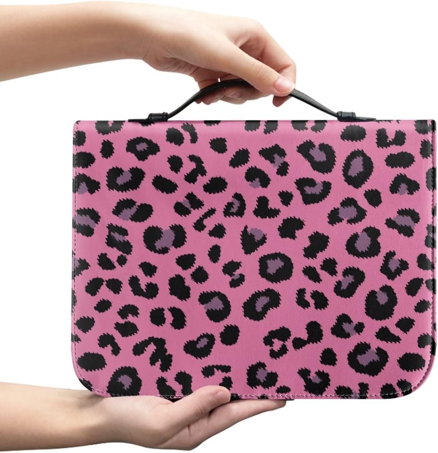Bible Cover Case with Handle Zipper Black Pink Leopard Bible Cover with Multi Pockets for Women Pu Leather Church Study Book Carrying Case