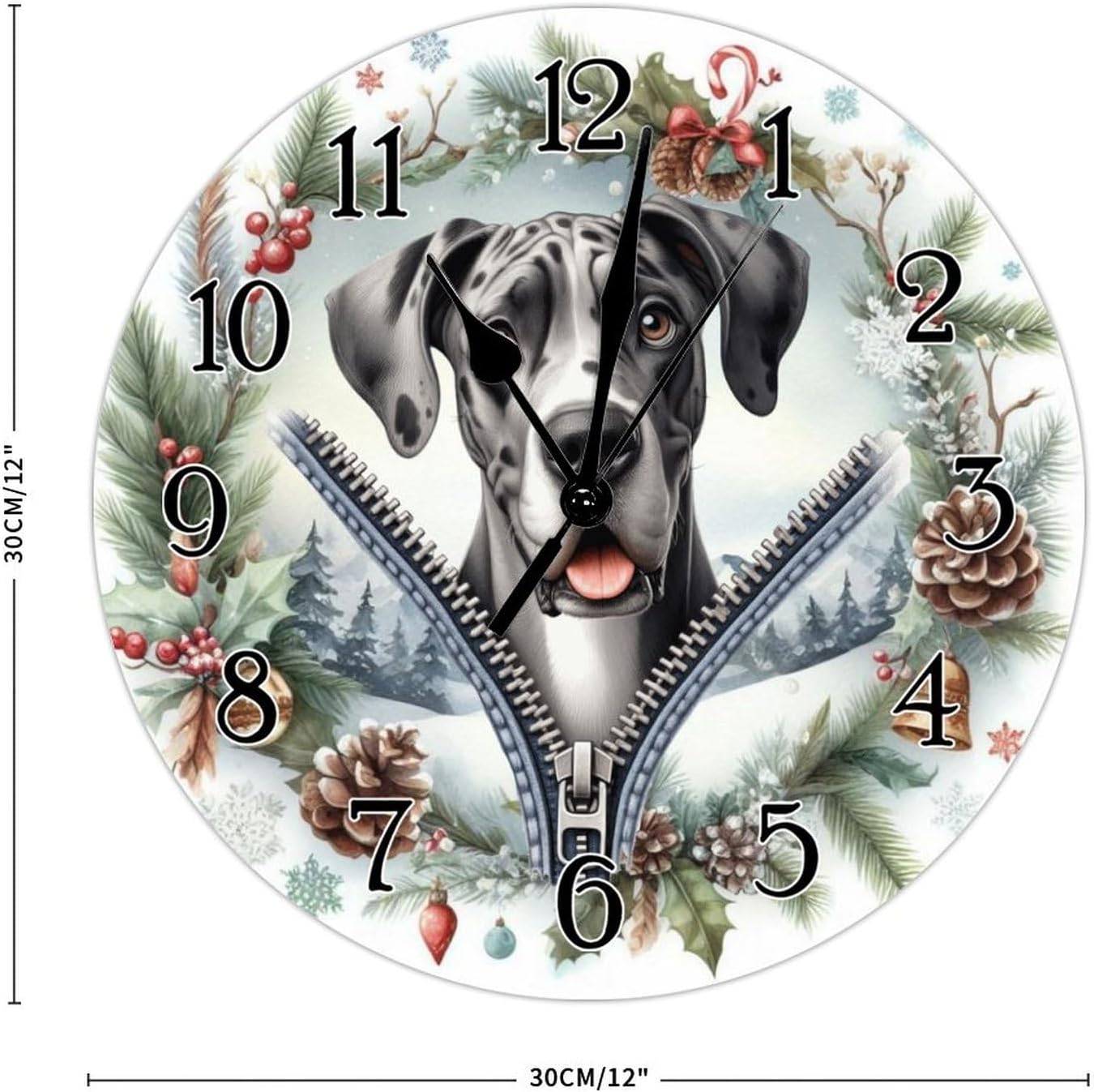 Great Dane Funny Zipper Peeking Dog Clocks Great Dane Wood Wall Clocks Battery Operated Round Clock Puppy Dog Animal Wood Wall Clock for Living Room Bedroom 12x12in