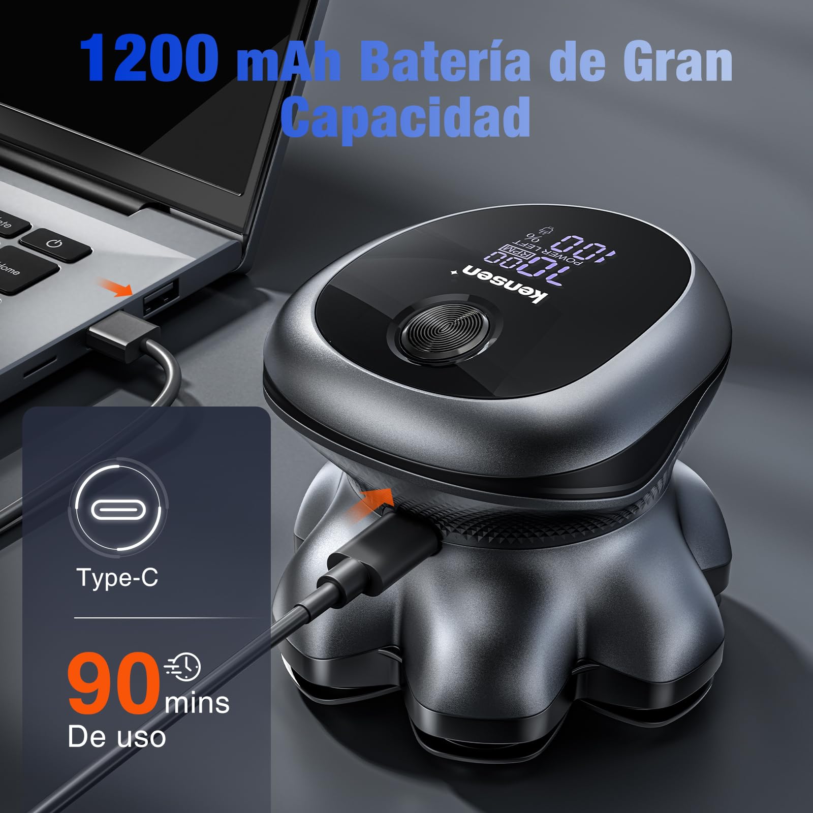kensen Afeitadora Cabeza Hombre, Máquina de Afeitar Cabeza con 2 Velocidades, 7D Cabezales Magnéticos, Afeitadora Electrica Hombre Calva en Seco y Húmedo, IPX6 Impermeable, Carga USB-C, Pantalla LED