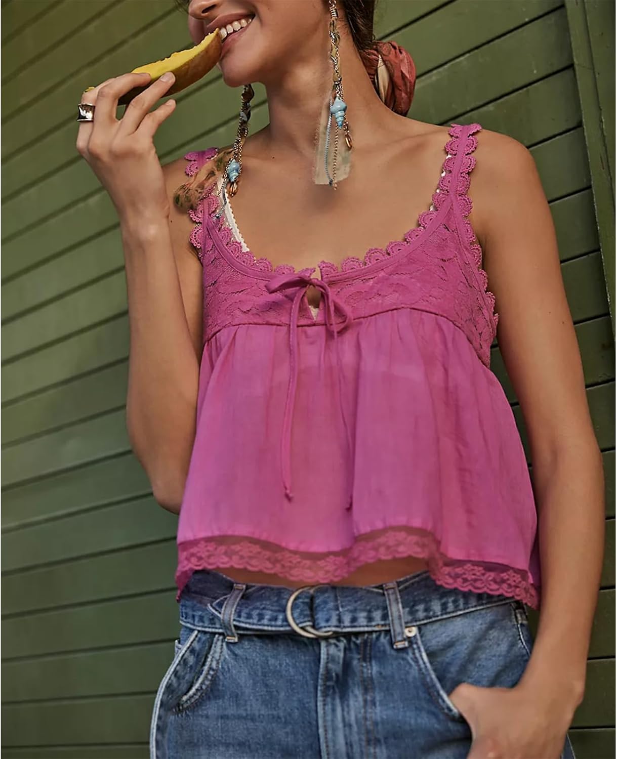 Women Y2K Lace Trim Tank Top Sleeveless Solid Color Tie Up Button Front Crop Top Summer Streetwear Going Out Shirt - Image 4