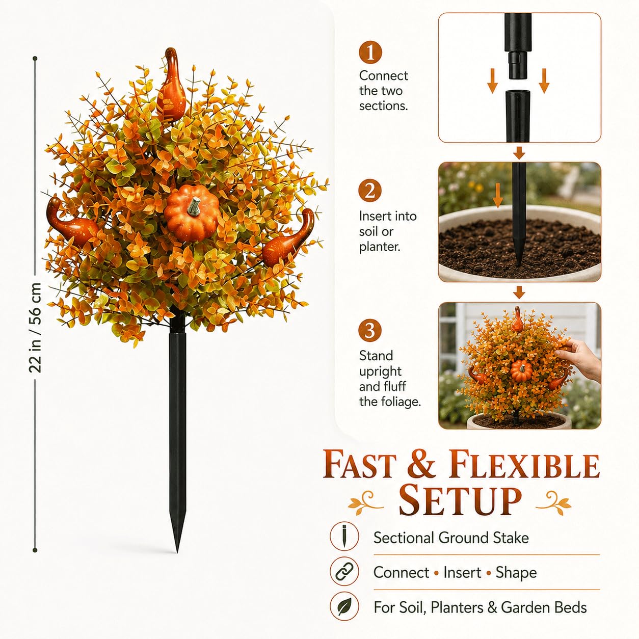 Confezione da 2 fiori artificiali autunnali a sfera, per esterni, con paletti, 55,9 cm, finti alberi di zucca autunnali con foglie d'arancio e zucche, resistenti ai raggi UV, pianta finta per portico