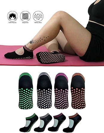 Sweex Kadın 4’lü Kaymaz Tabanlı Pamuklu Yoga Pilates Çorapları - Nefes Alabilir, Renkli, Konforlu 37-40