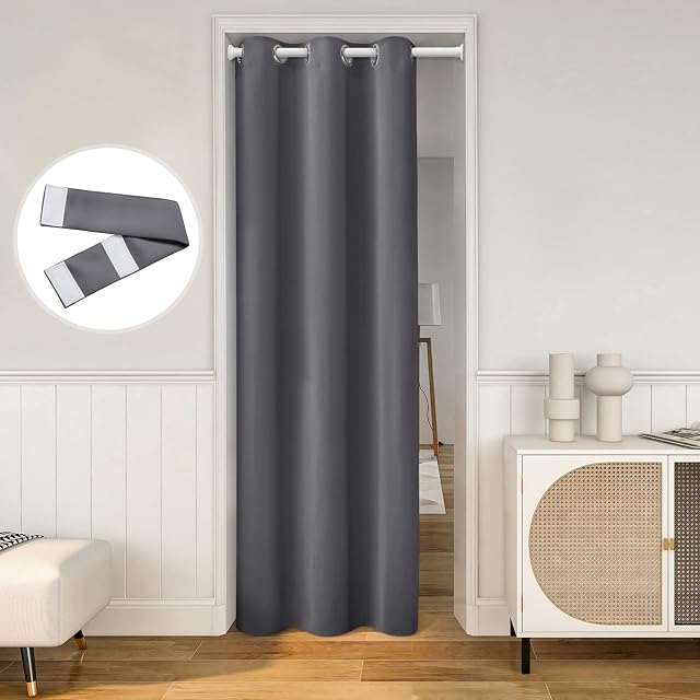HOMEIDEAS Grey Doorway Curtains Privacy, Grommet Closet Curtain for Bedroom, 80 Inches Length Solid Blackout Door Cover Curtains, Tie Back Insulated Window Curtain Drape, 1 Panel