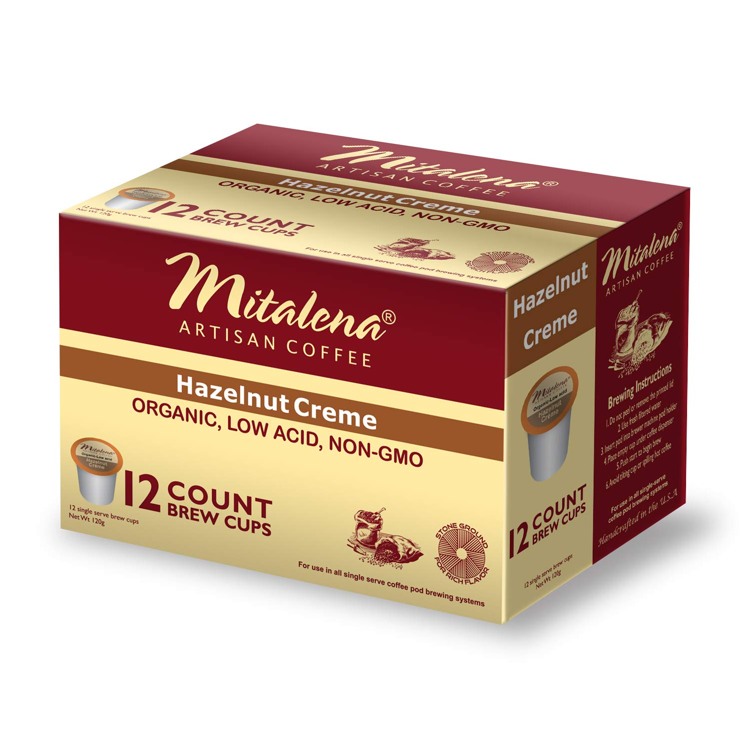 Mitalena Brand - 72 ct. Hazelnut Creme Organic Arabica Low Acid Coffee Single Serve Brew Cups