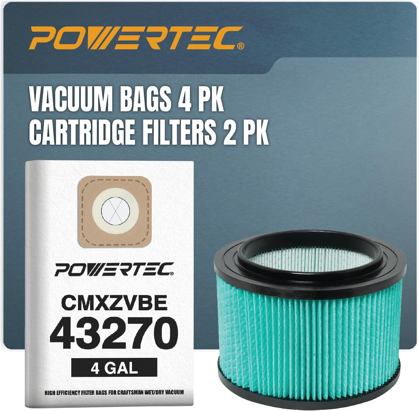 POWERTEC 43270 Vacuum Bags 4PK & 17810/16950 HEPA Cartridge Filters 2PK, for Craftsman 4 Gal Filter Bags, Fits Craftsman Most 3-4 Gal Wet/Dry Vacs