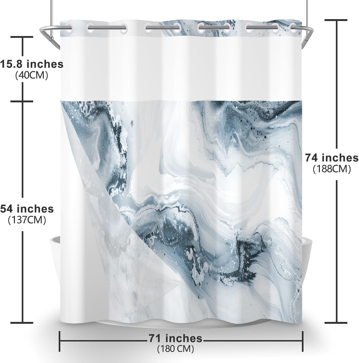No Hook Shower Curtain with Snap in Liner Grey Blue Marble Modern Crack Ink Texture Double Layers Shower Curtain Waterproof Fabric See-Through Top Window Bathroom Decorative 71x74inch