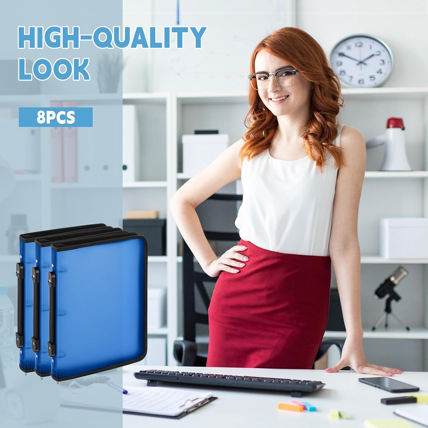 Teling 8 Pcs 1 Inch Plastic Zipper Binders with 3 Ring Zipper Binder, Refillable File Organizer Planner for Projects, Assignments, Memos, School Work (Blue)