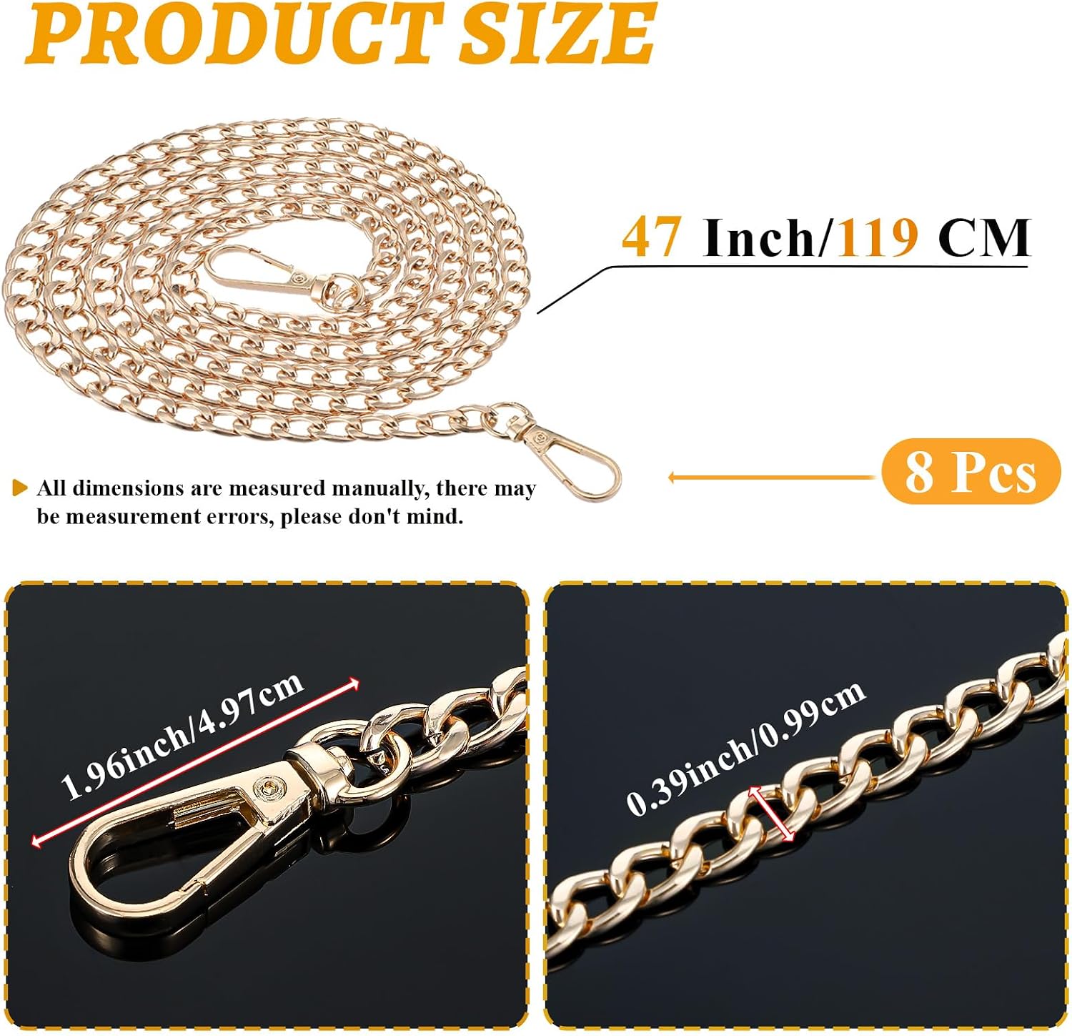 8 Pcs 47 Inch Purse Chain Replacement, Stainless Steel, Gold, Solid, Regular, Unisex, Purse Making Supplies, Body Strap