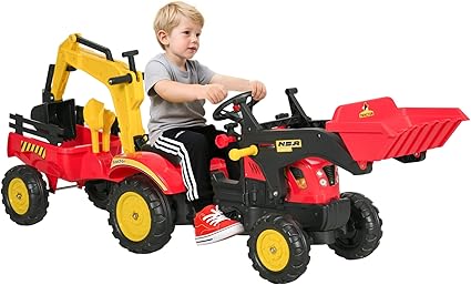 Aosom 3 in1 Kids Ride On Excavator/Bulldozer, Pedal Car Digger Toy Move Forward/Back with 6 Wheels and Detachable Cargo Trailer