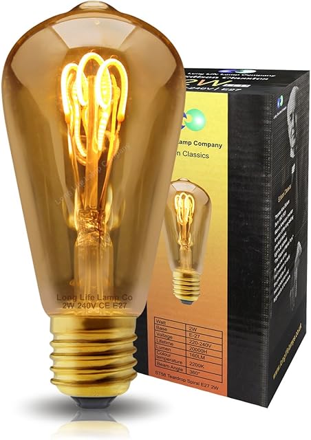 Long Life Lamp Company Vintage LED Filament Bulb, 2 W, Warm White 2200k ST58 E27 Edison Screw