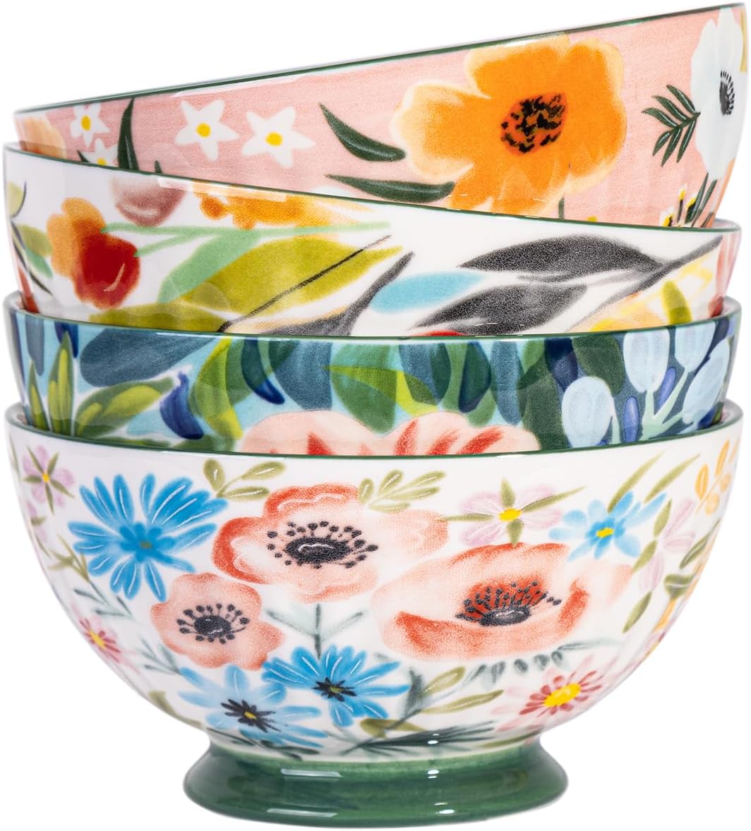 Berry President Ceramic Bowls Set of 4, For Serving, Cereal, Soup, Salad, Pasta, Ramen etc. Breakfast Dinner Bowl, Underglaze Color Bowls, 17oz, Dishwasher & Microwave Oven Safe (Green, 5.5 Inches)