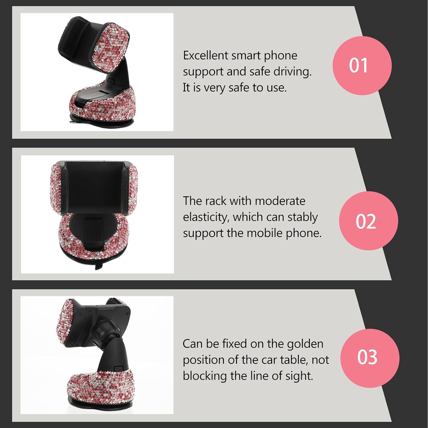 OUNONA Car Phone Holder with Rhinestones for Vehicle Dashboard, Portable Car Mobile Phone Stand Compatible with GPS Navigation, Diamond Decorated Clip Mount for Travel and Driving image 5