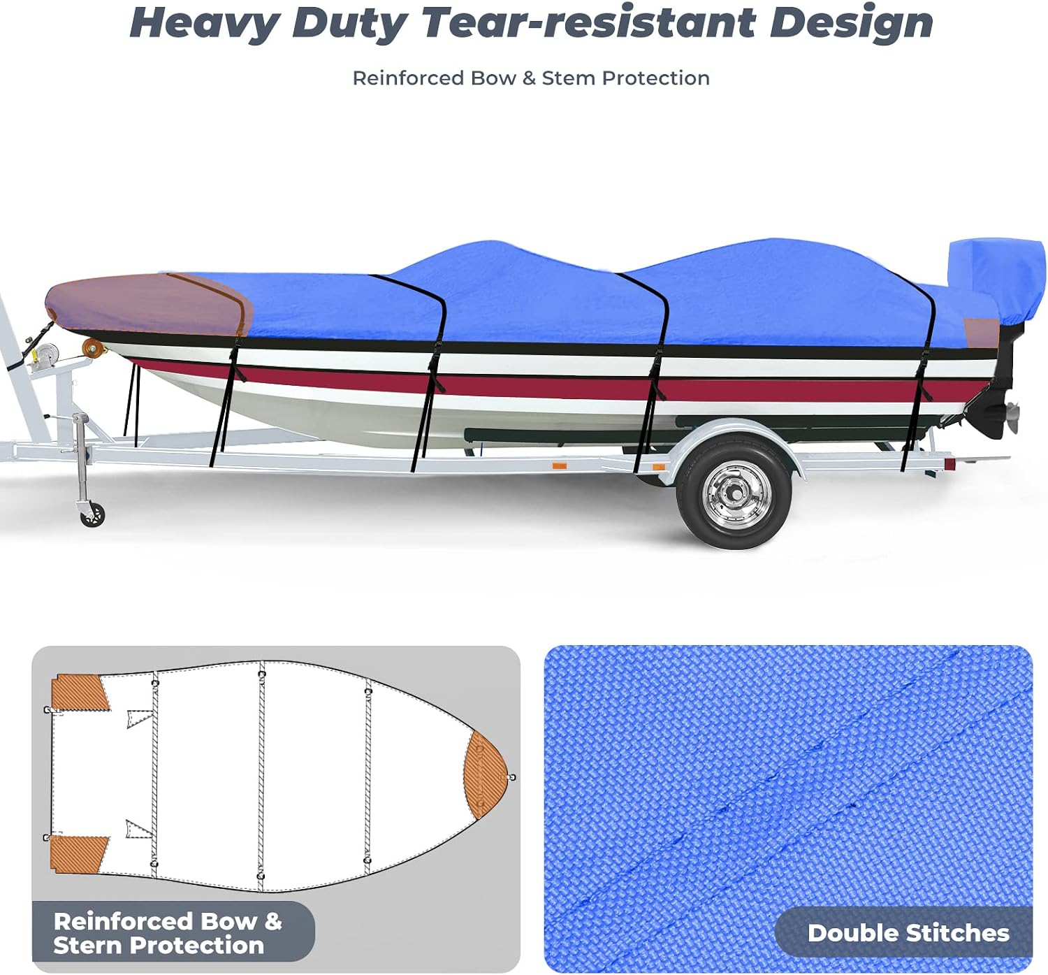 RVMasking 800D 100% Waterproof Boat Cover for V-Hull Runabouts and Bass Boats (16'-18.5'L by up to 98" W, Blue)