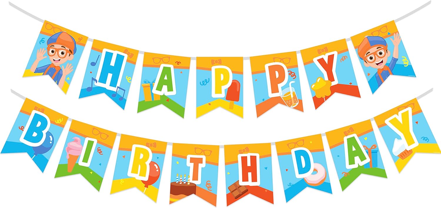Treasures Gifted Officially Licensed Blippi Birthday Decorations - 1 Happy Birthday Banner - Blippi Birthday Party Supplies - Pre-strung Banner