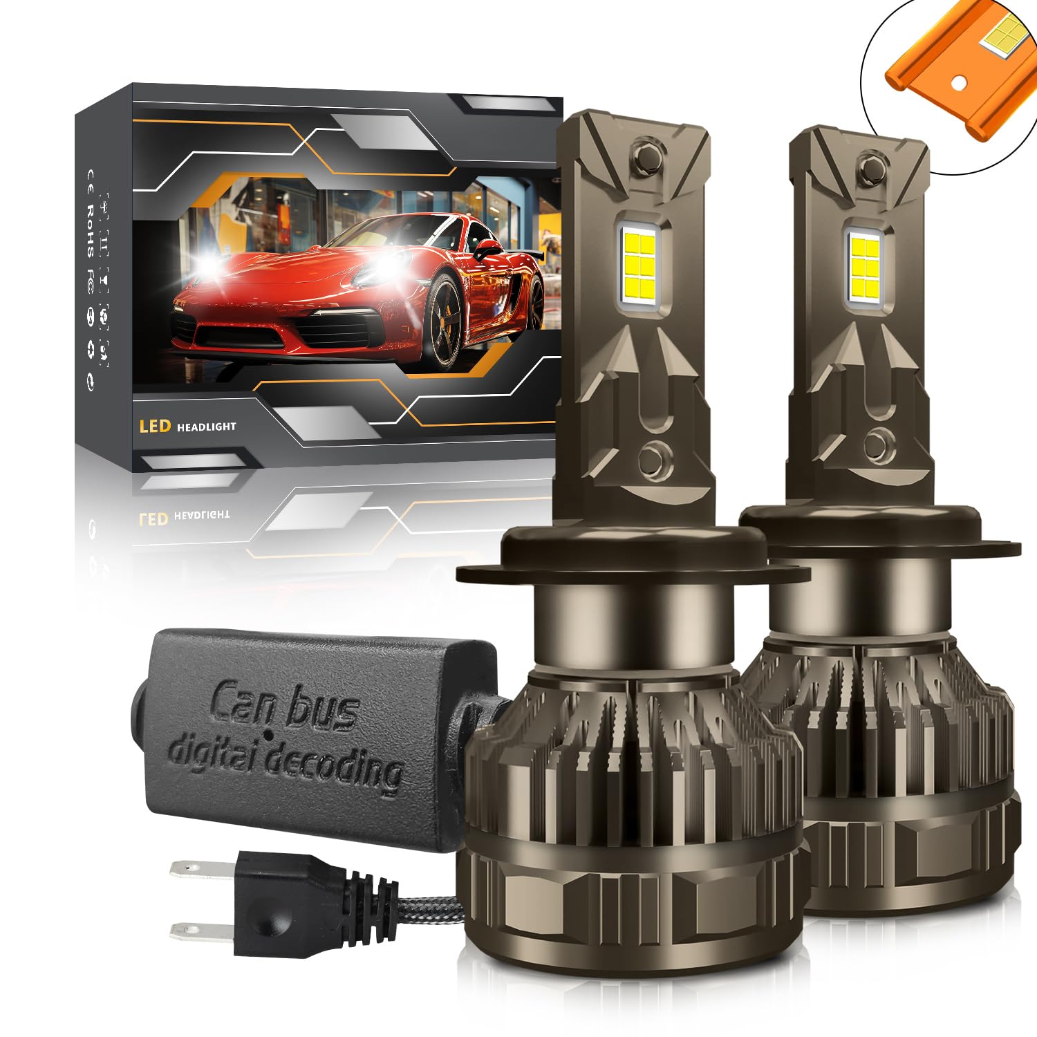 Ampoule H7 LED, 120W 30000LM 6000K Blanc Froid 200% Luminosité Super Lumineux Angle de Faisceau réglable à 360 degrés Xenon H7 LED Anti Erreur Voiture Kit de Conversion IP67 étanche.