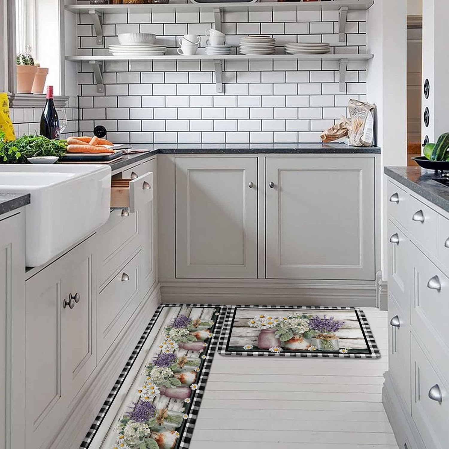 Spring Floral Kitchen Rugs and Mats Set of 2, Non-Slip Kitchen Sink Mat, Pastoral Bottle Flowers Wood Black Plaid Washable Doormat Bathroom Rugs Runner for Bedroom/Living Room 19.7"x31.5"+19.7"x47.2"