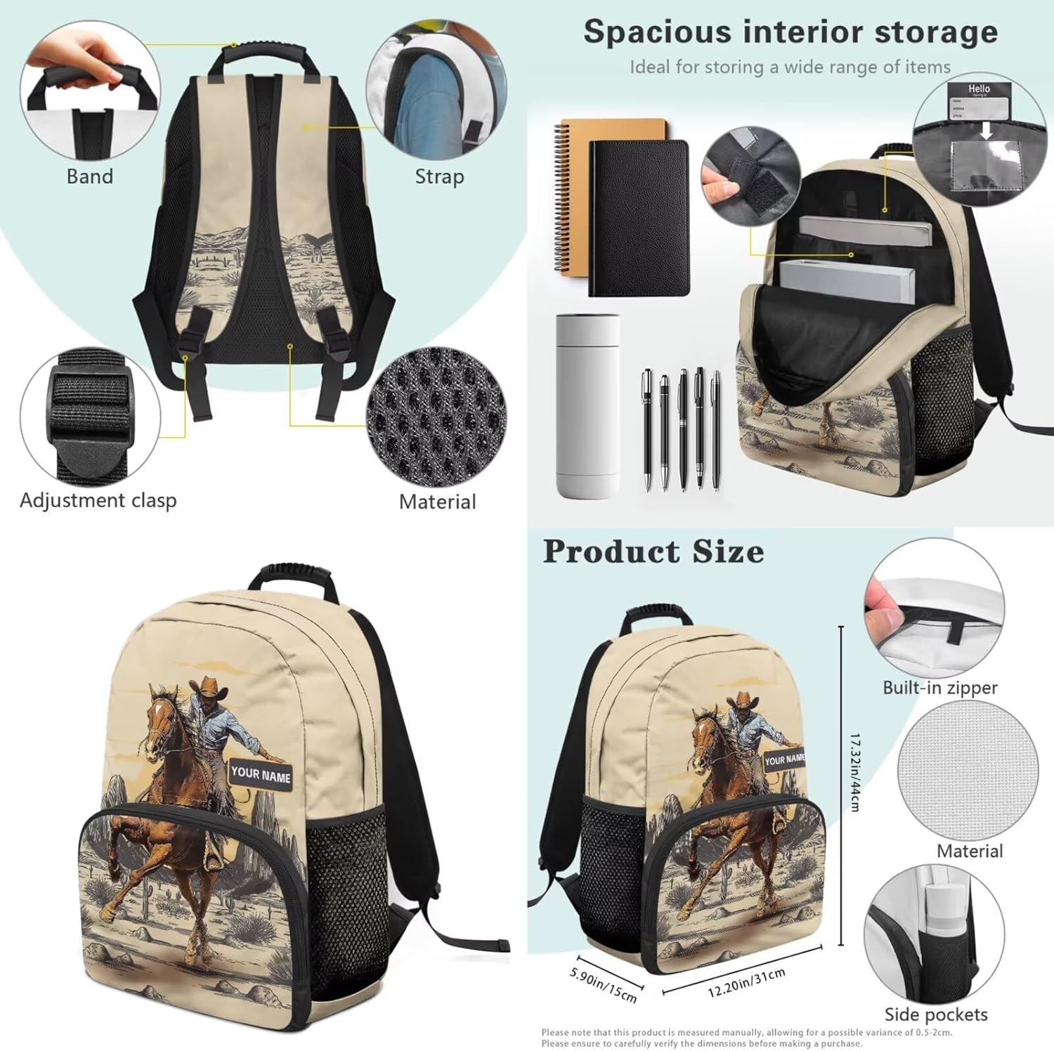 Cowboy Horse Print Backpack and Lunch Box Set for Boys Kids, Customized Bookbag Set with Pencil Case, 17 Inch Lightweight Travel Backpack for Hiking Camping Picnic