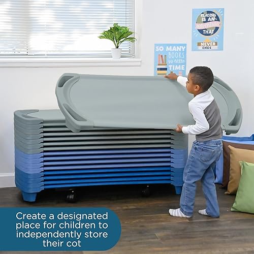 Vista 62 de Children's Factory SpaceLine - Juego de 4 catres para siesta para niños, guardería y preescolar, tamaño pequeño, color azul Wedgewood